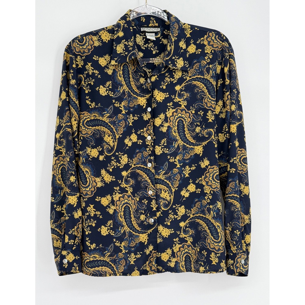 Notations Womens Sz L Navy Blue Gold Paisley Floral Button Up Blouse Long Sleeve